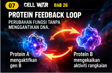 CELL WAR Bab 26 — Visual 07: PROTEIN FEEDBACK LOOP: PERUBAHAN FUNGSI TANPA MENGGANTIKAN DNA