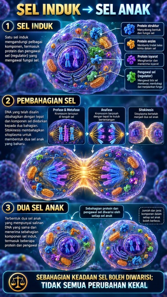 Sel induk dan dua sel anak — pembahagian sel